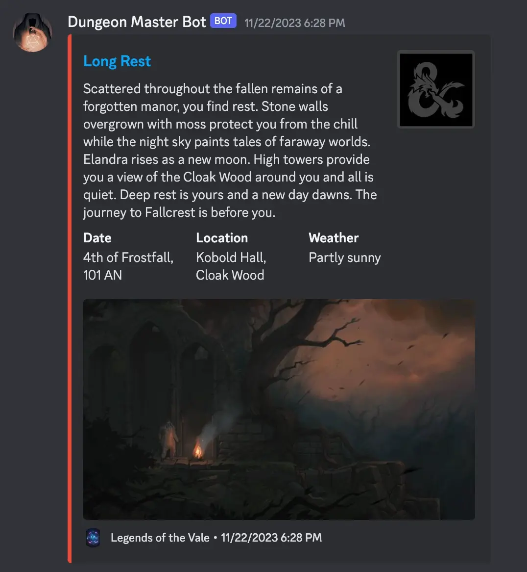 Screenshot of a Discord embed describing a Long Rest with links and images