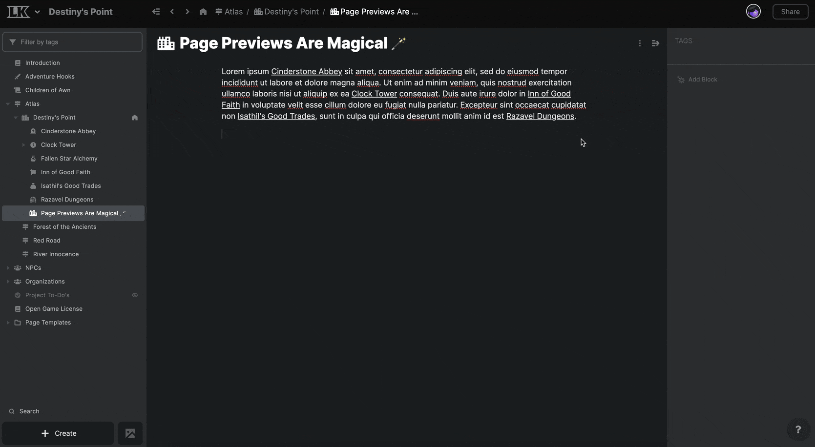 Hovering over various links and showing a modal that previews the next page.