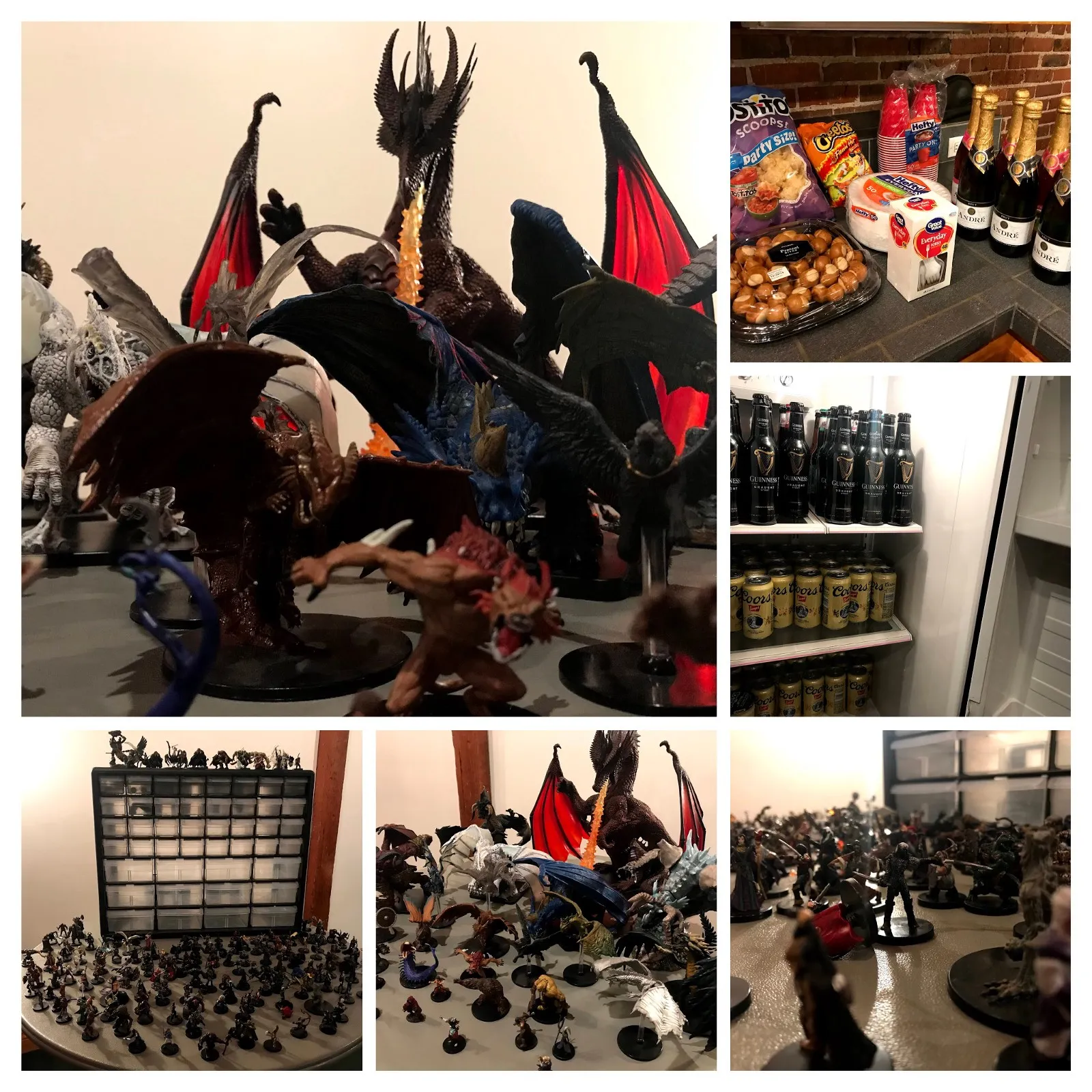 Six images of snacks, drinks, and TTRPG miniatures