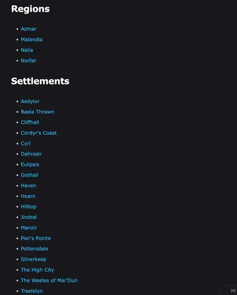 A bulleted list of regions and settlements where each entry is a link.