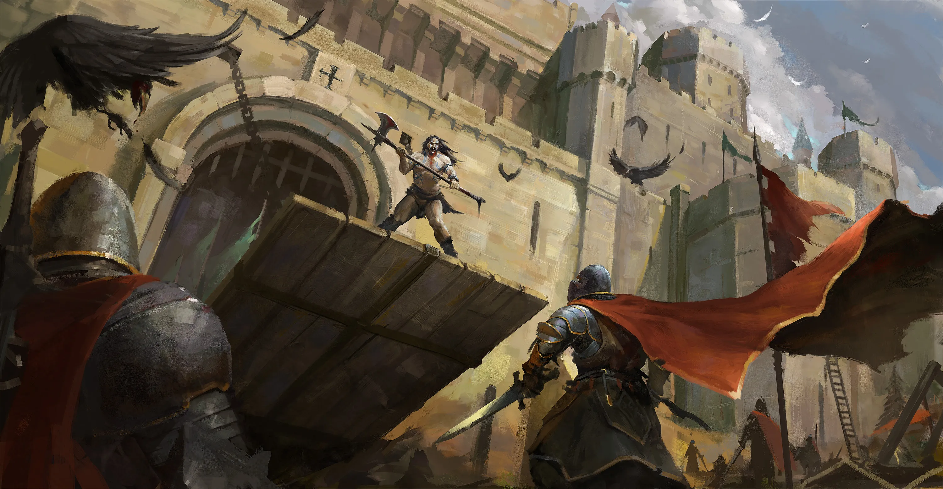 Warrior with an axe standing on drawbridge above a group of soldiers looking up at him.