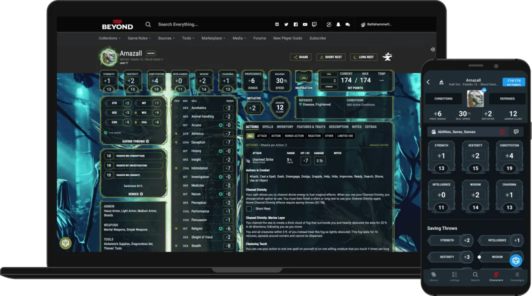 A laptop and phone displaying the D&D Beyond interface.