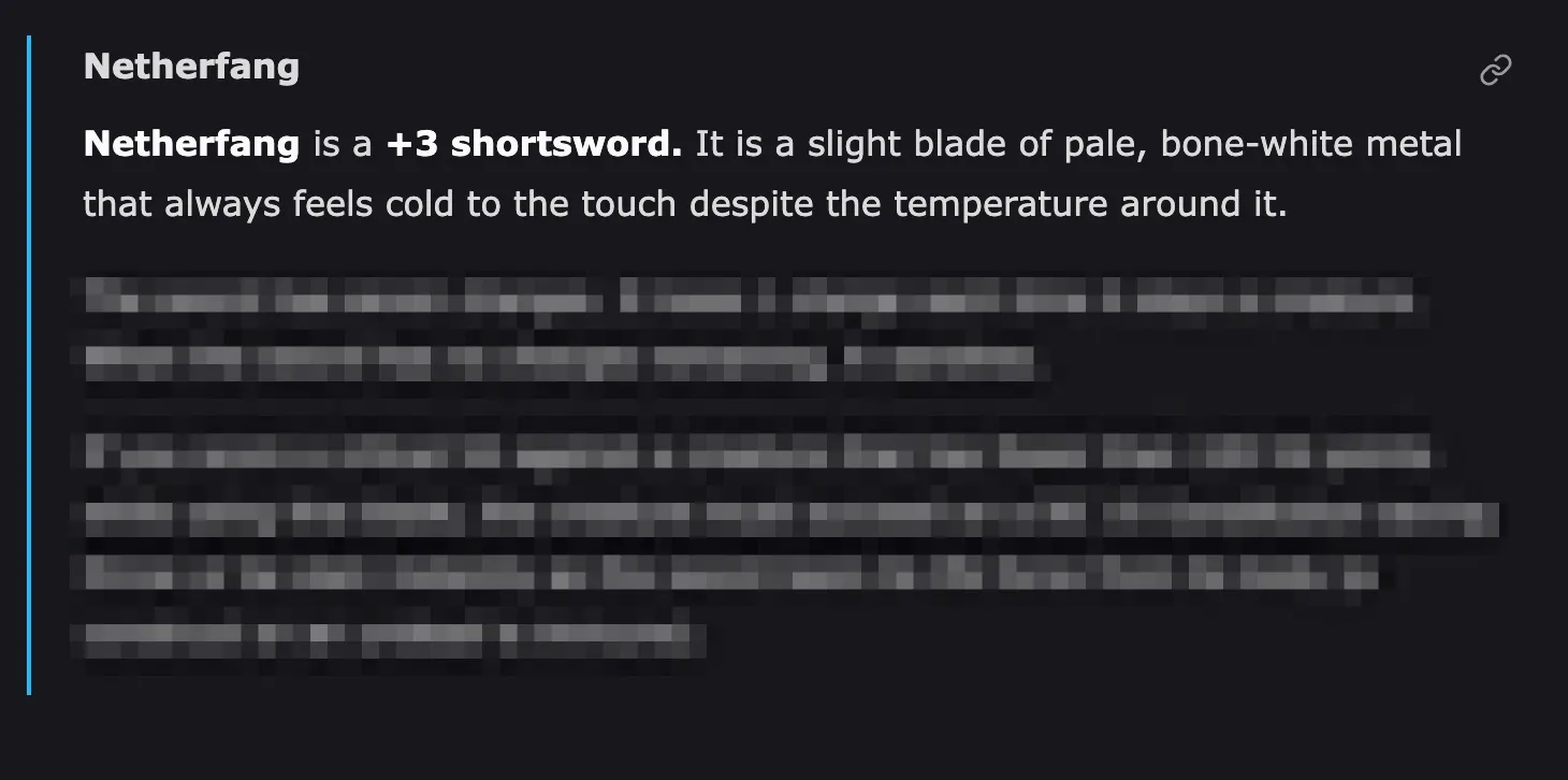 A section for magic items with a preview of the Scimitar of Speed note.