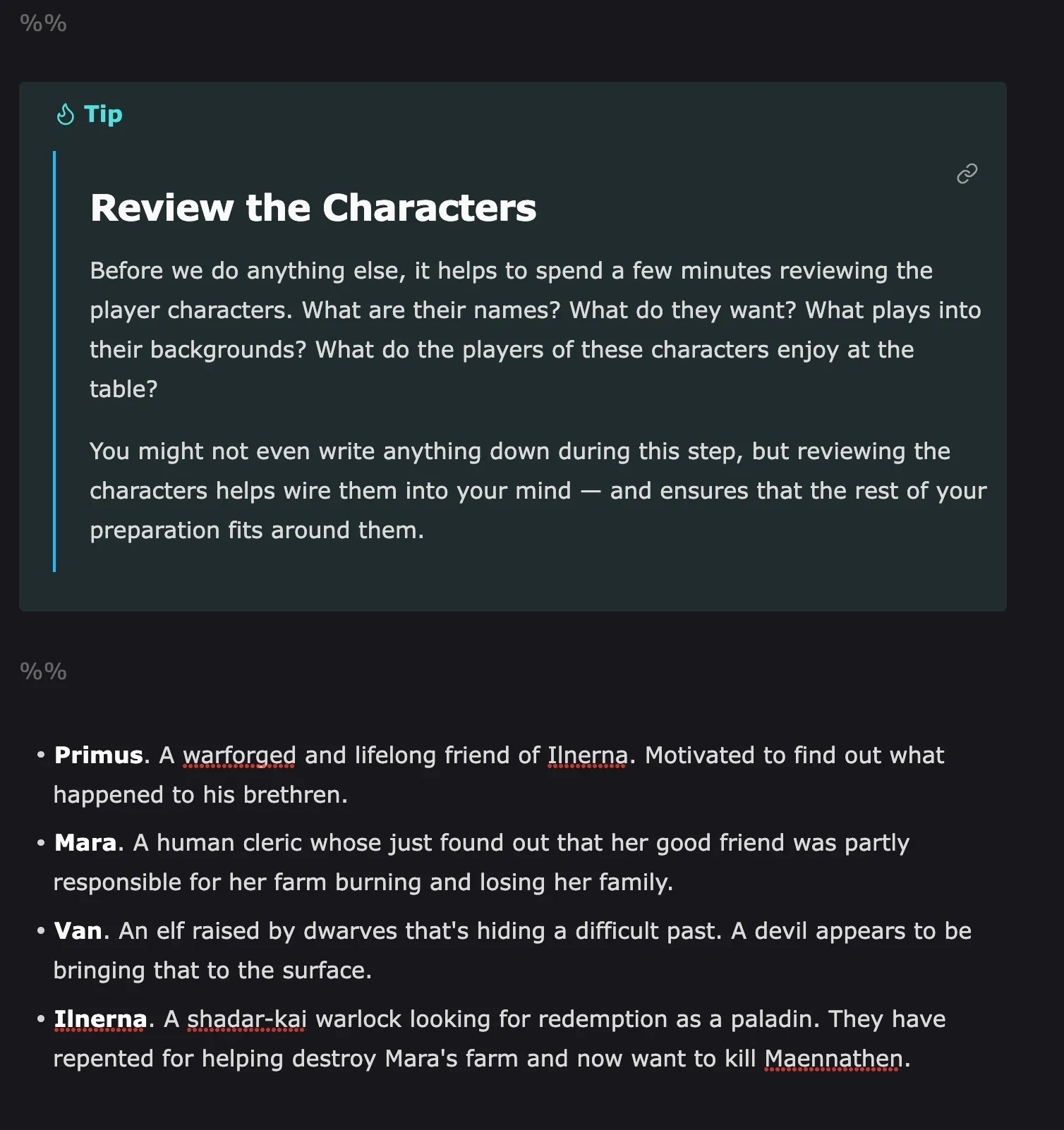 Editing mode reveals an Obsidian comment section with a linked preview to advice about this particular step of preparation.