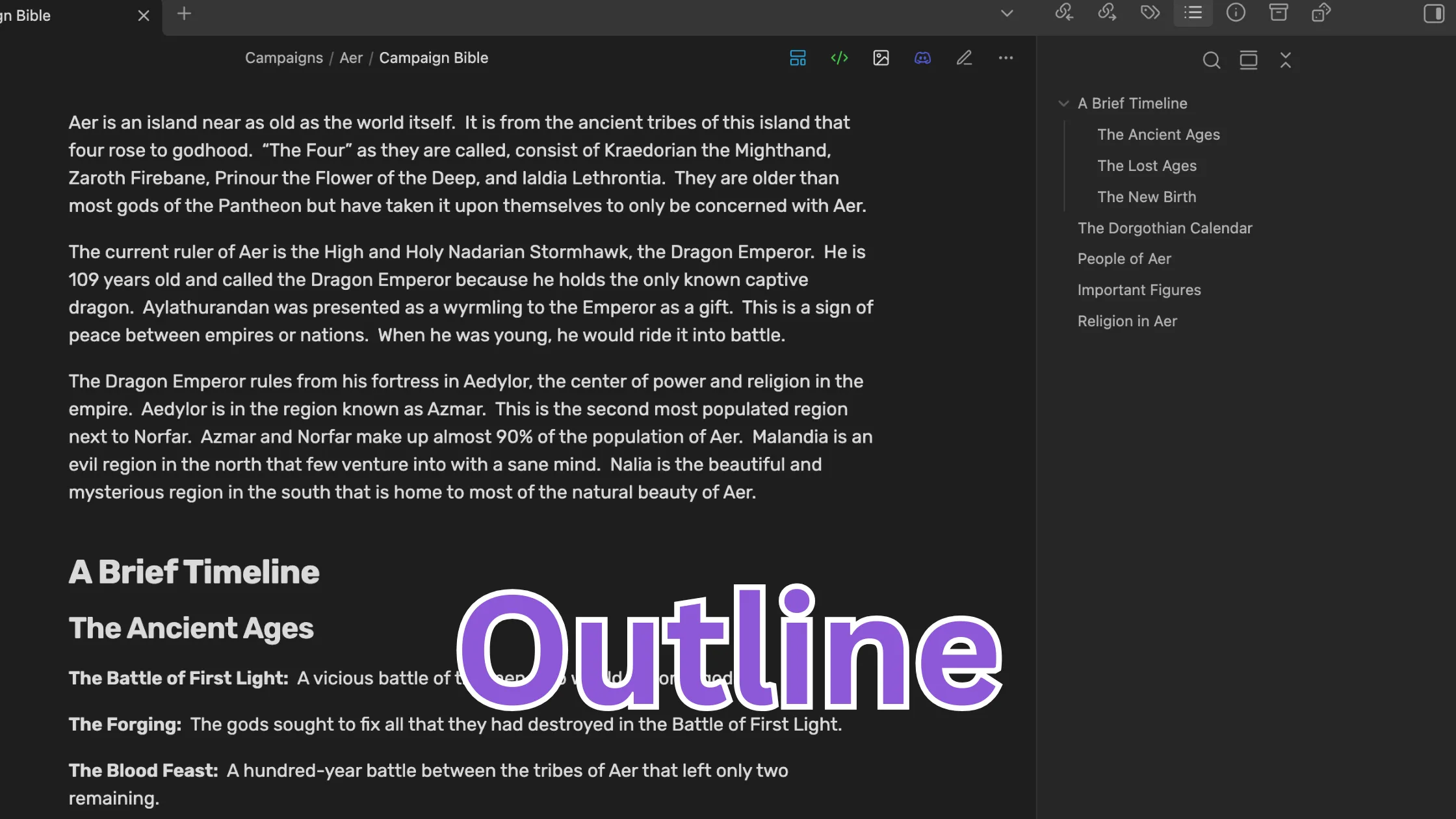 An open note and the outline plugin in the sidebar showing each heading from the current note, nested as appropriate.