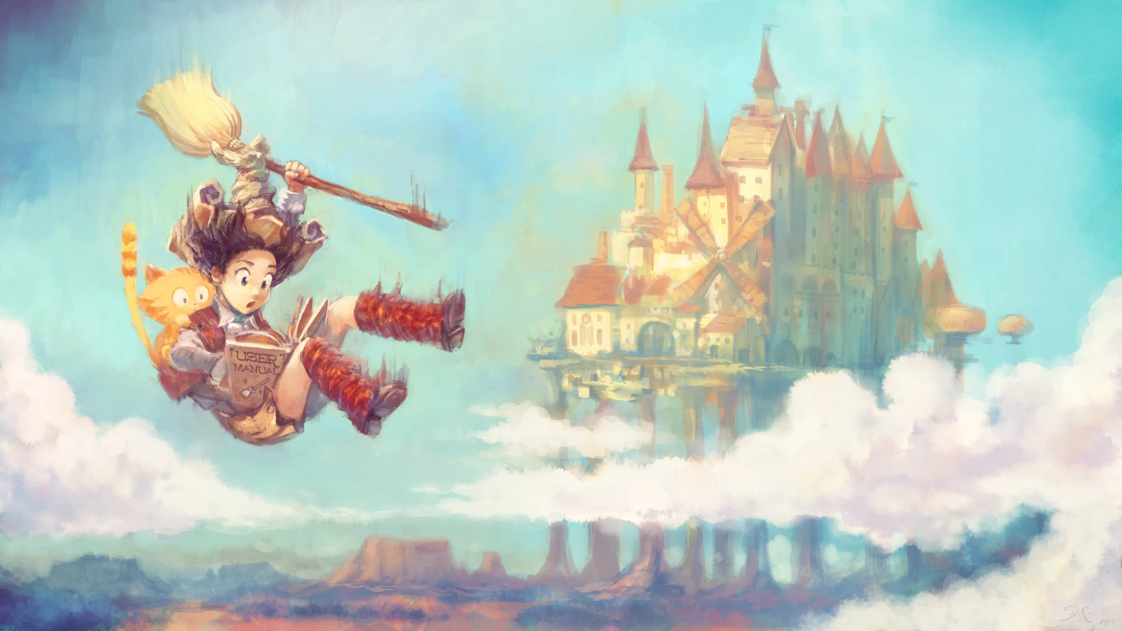 A witch and cat falling through the sky with a floating city in the background