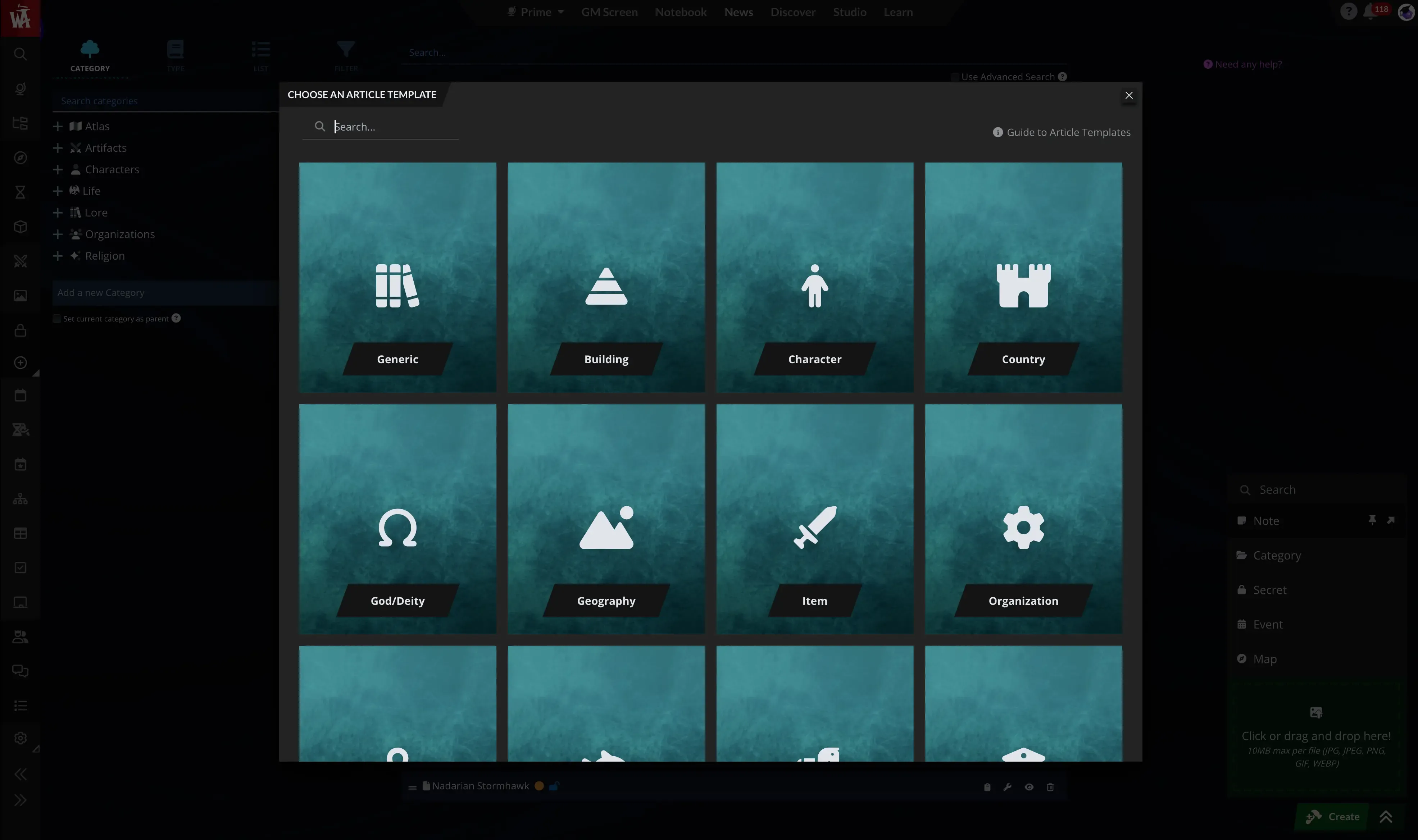 A look at the World Anvil dashboard