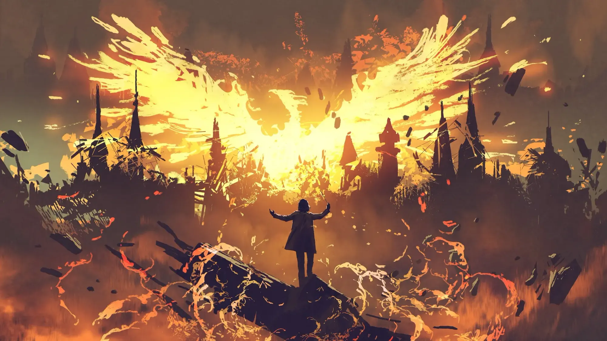 A conductor looking upon a glowing phoenix rising from a dark city as if he’s conducting its rebirth.