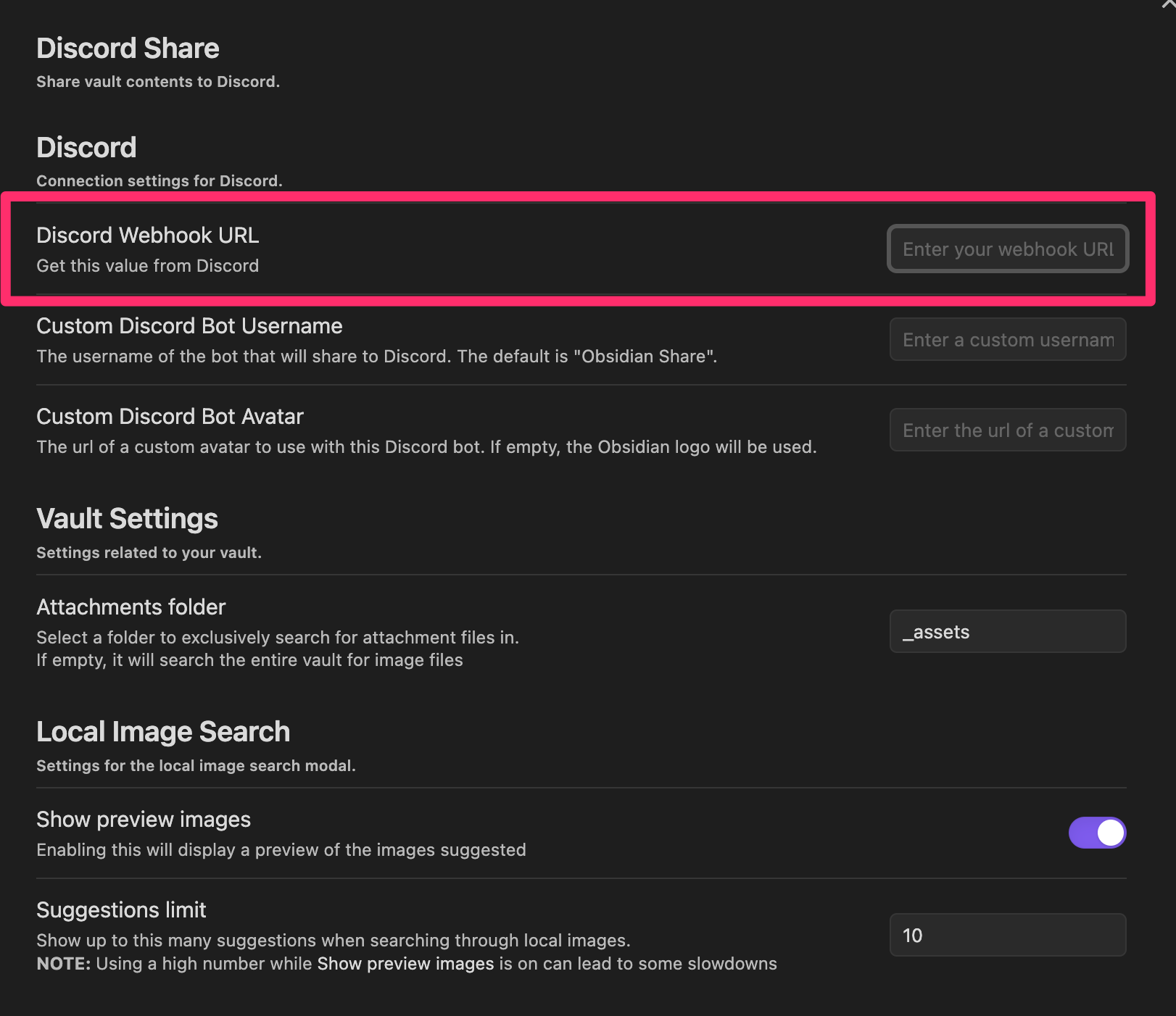 A screenshot highlighting the Discord Webhook URL setting under the plugin’s settings tab.