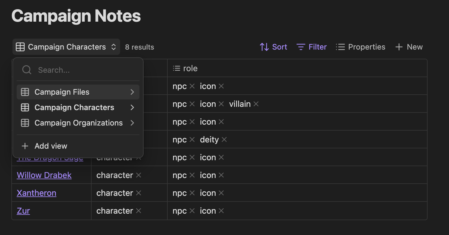 A table called Campaign Notes that's showing a list of notes with associated data. There's a toggle showing different views like Campaign Files, Characters, and Organizations.