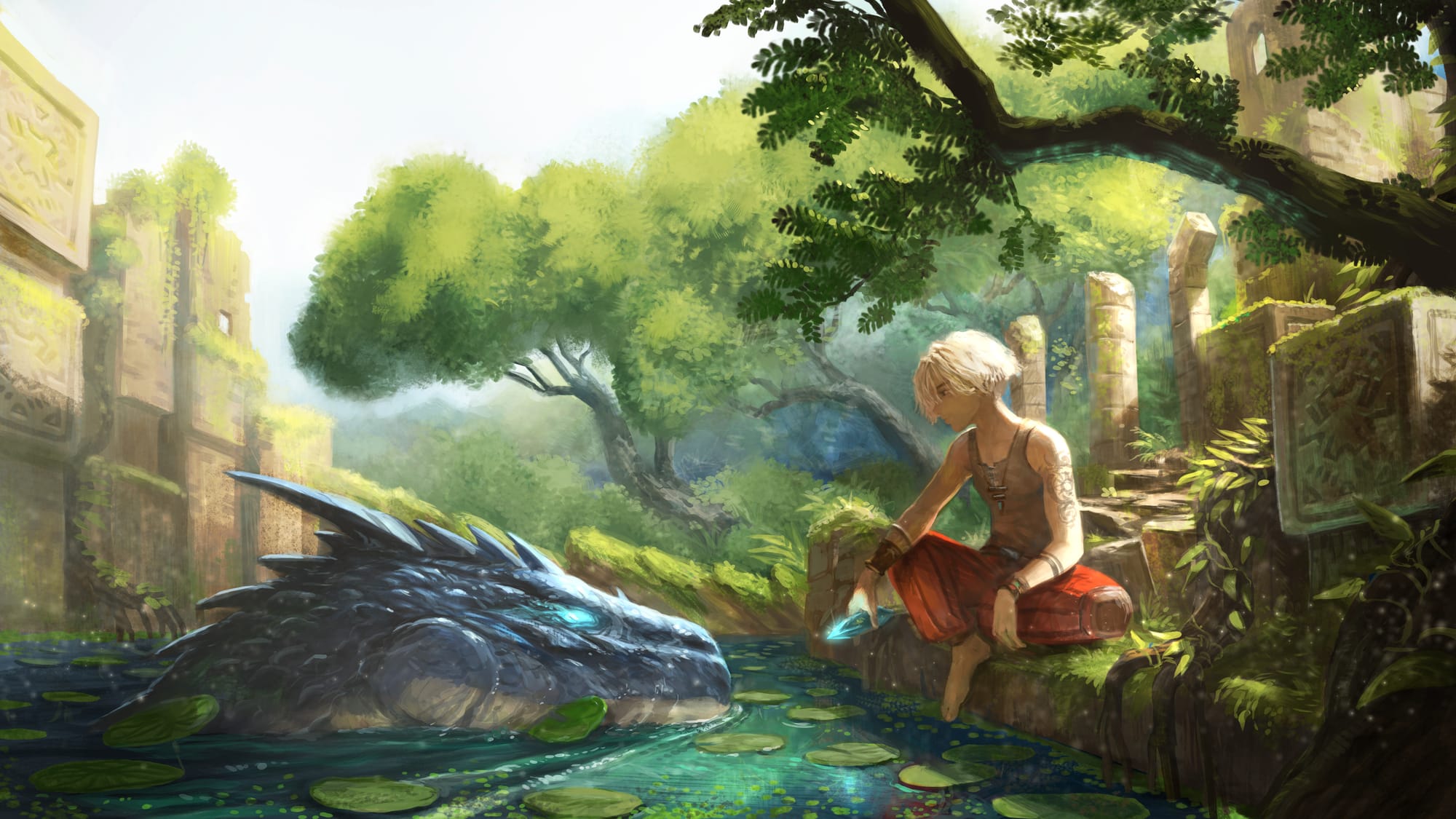 A figure with shaggy blonde hair sitting at the water's edge, holding a crystal and peering into the eyes of a blue dragon-like creature whose head is emerging out of the water. 