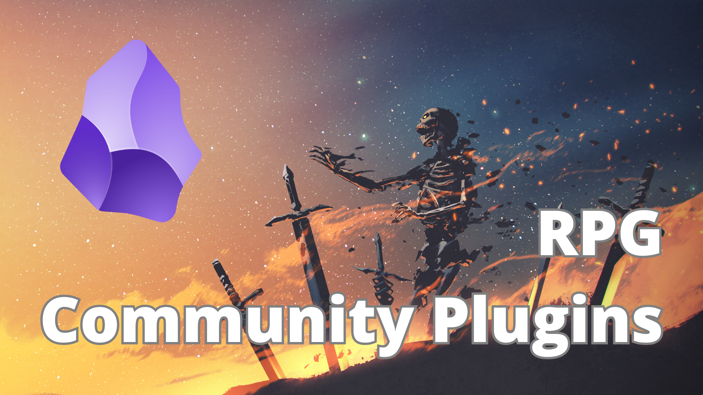 A skeleton amidst swords fading away as it looks upon the bright Obsidian logo. Text says "RPG Community Plugins."