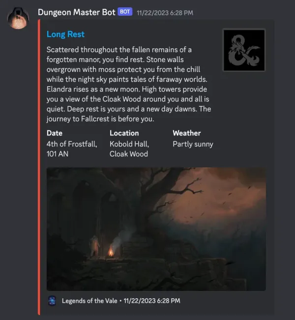Screenshot of a Discord embed describing a Long Rest with links and images