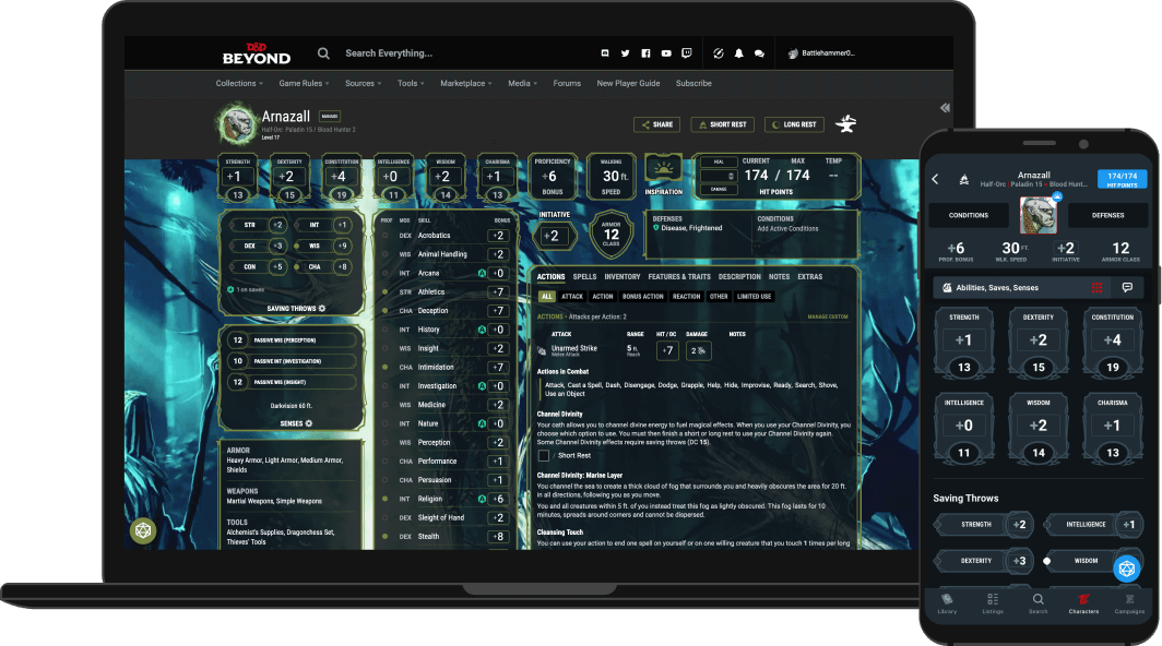 A laptop and phone displaying the D&D Beyond interface.
