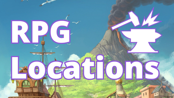  A beautiful wooden ship, in a harbor of a small city. A looming, smoking volcano sits above green growth in the background against blue skies. "RPG Locations" & Anvil logo in foreground.
