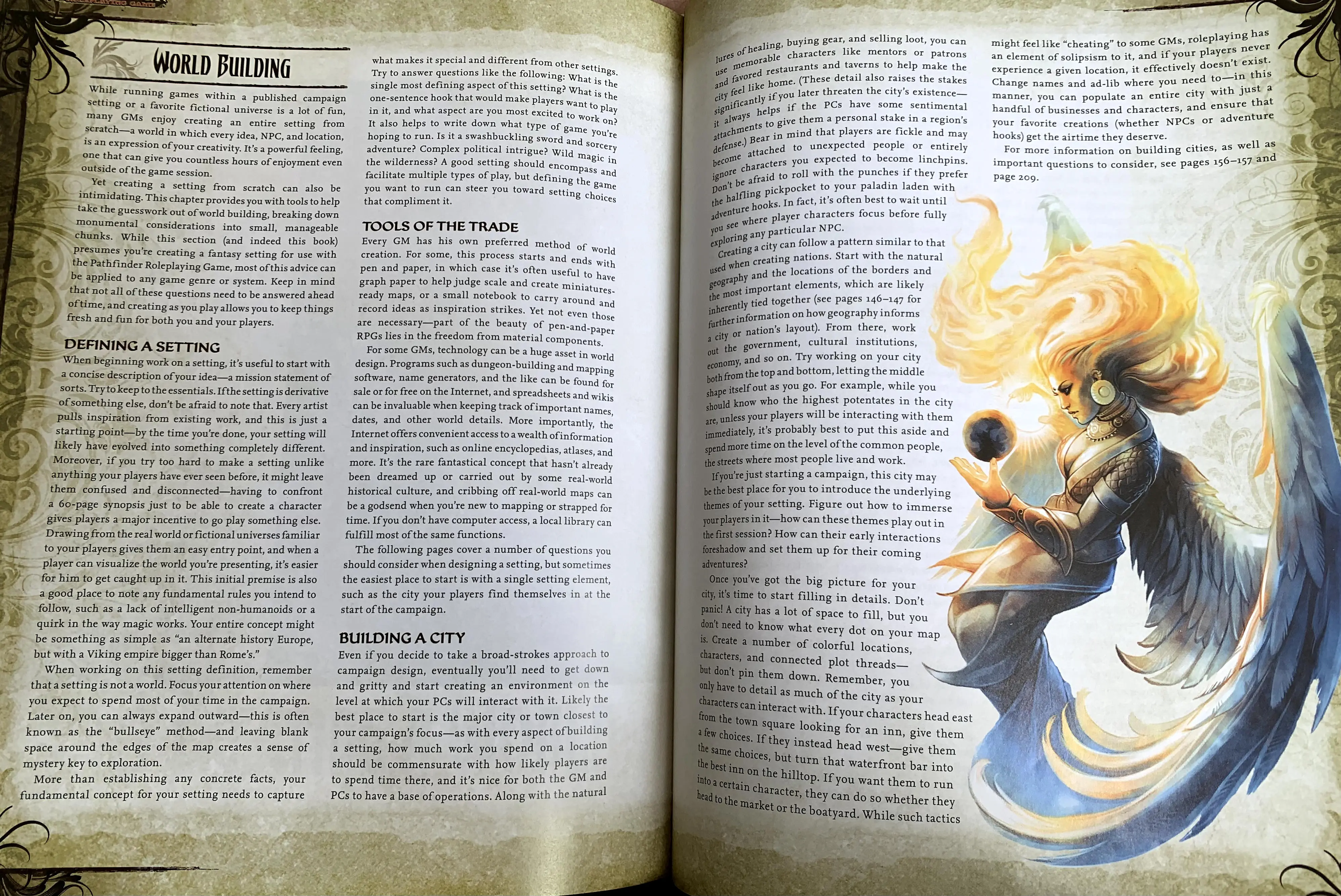 A spread on World Building from the Pathfinder (1E) Gamemastery Guide that shows text and an image of an angelic figure looking into an orb.