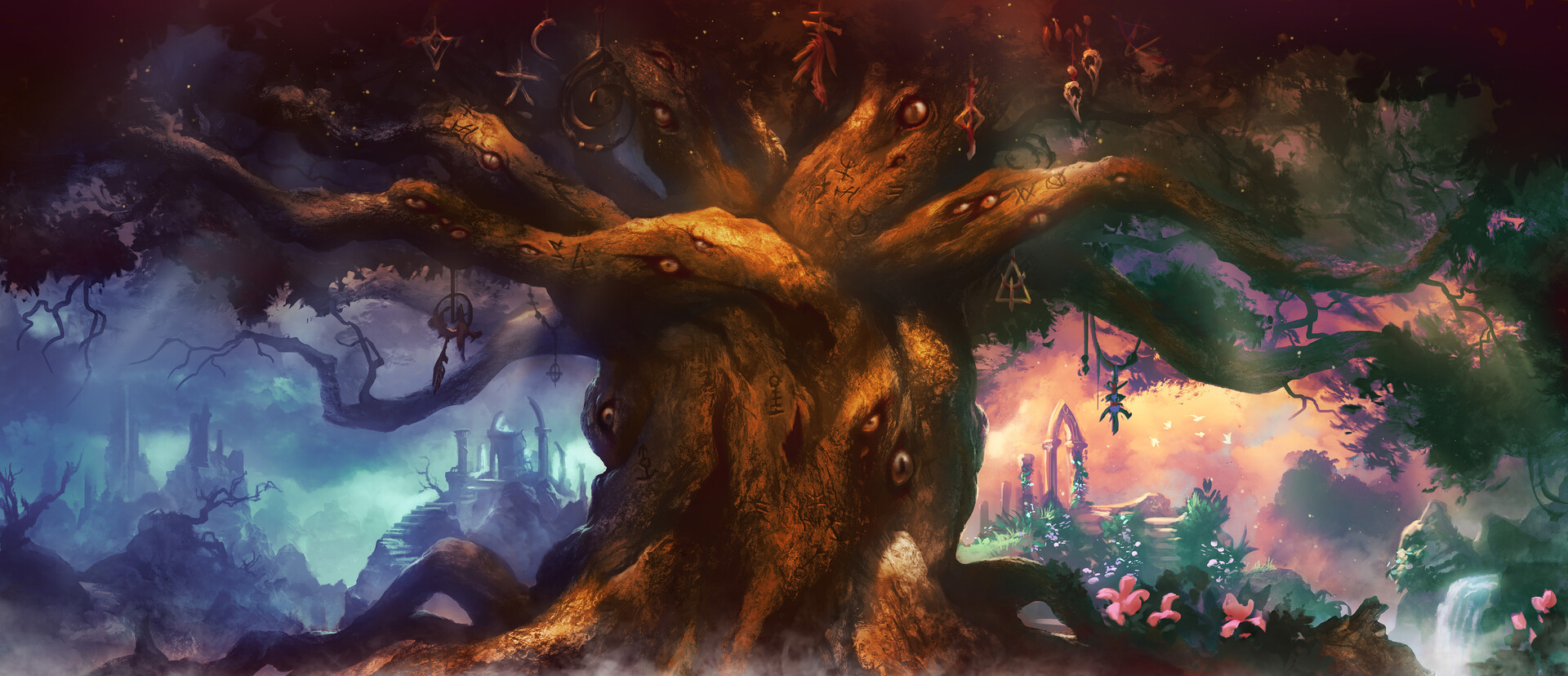 A tree with many eyes on it set against a fantasy landscape background