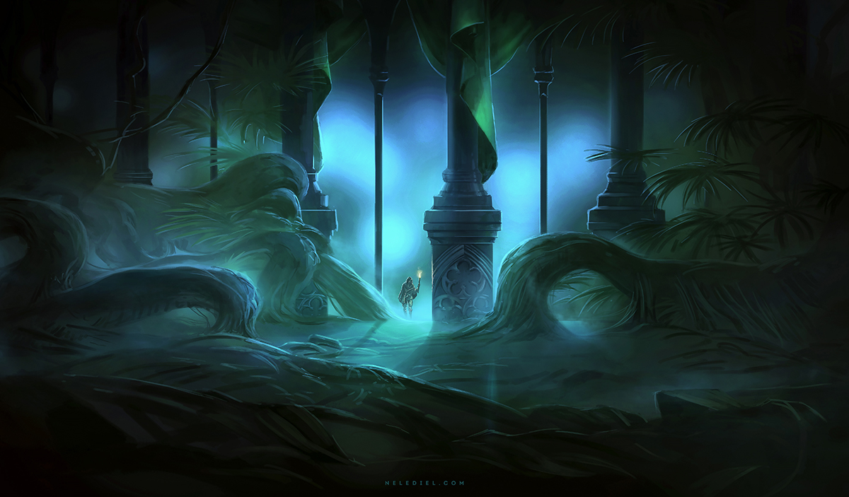 A small figure in the distance, holding a torch and exploring a vast cavern, surrounded by massive pillars and natural roots.