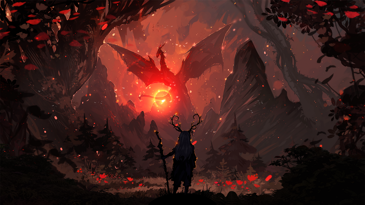 A creature in the foreground holding staff and wearing antlers facing away to a dragon in the background.