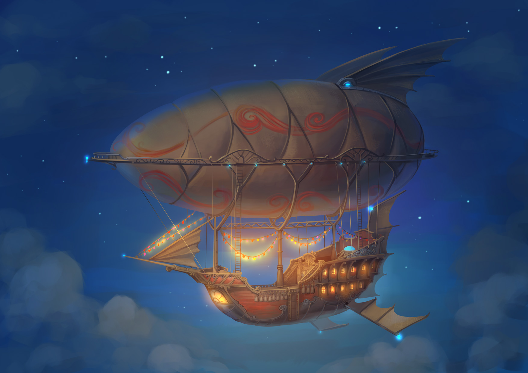 A ship sailing through the night sky, lit up by lights, and carried by a large, winged balloon above it.