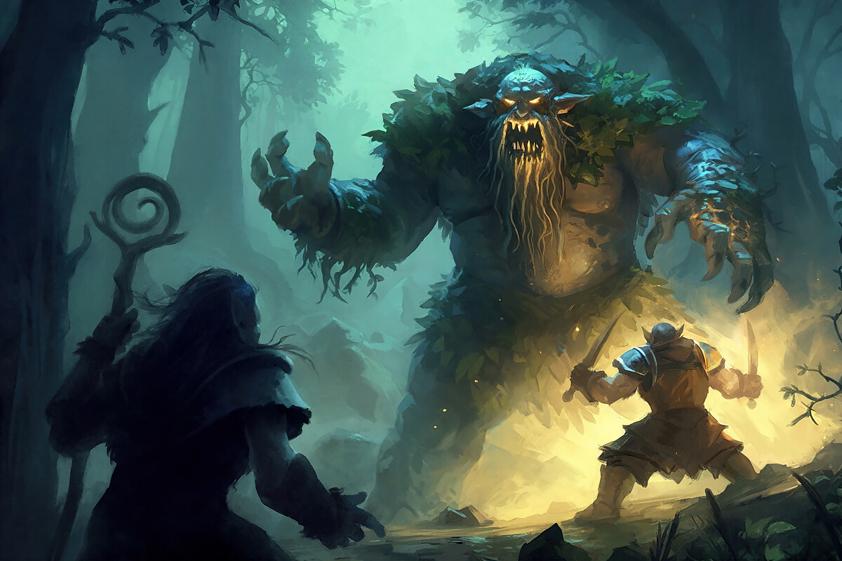 A large beast with glowing eyes approaches a campfire as two warriors rise up to face it.