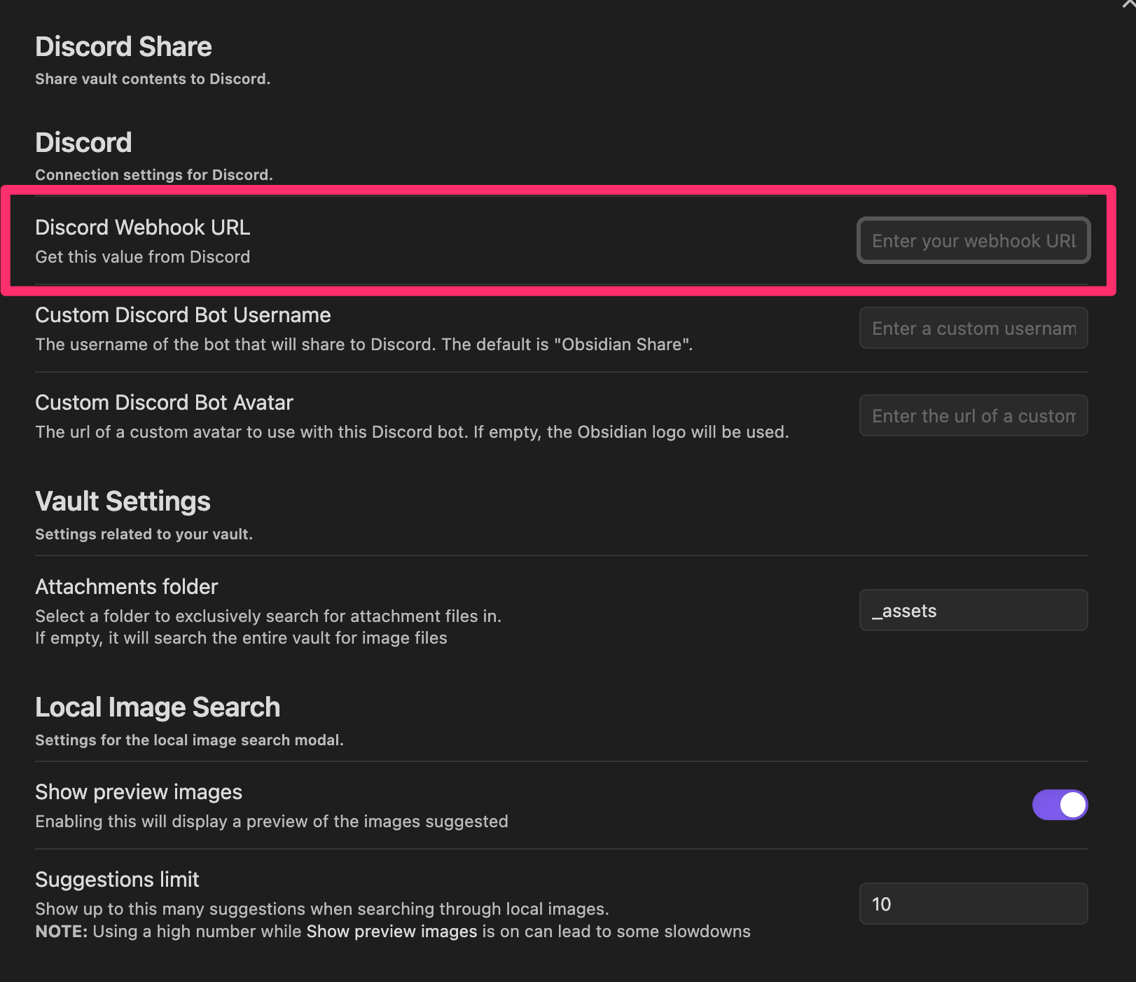 A screenshot highlighting the Discord Webhook URL setting under the plugin's settings tab.