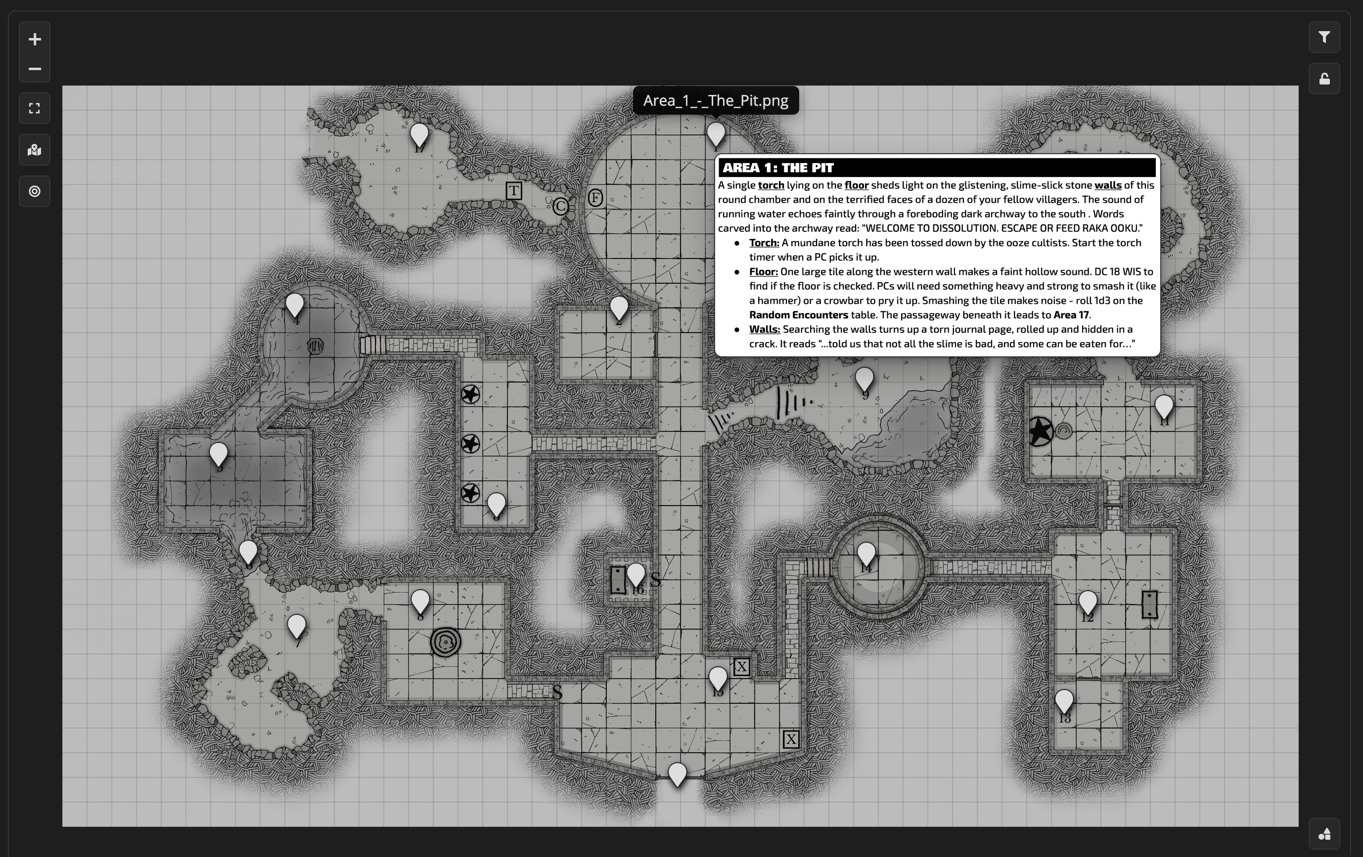 A screenshot of a dungeon map with various markers in ObsidianMD. One marker is showing a popup with a description of the room that marker is in.