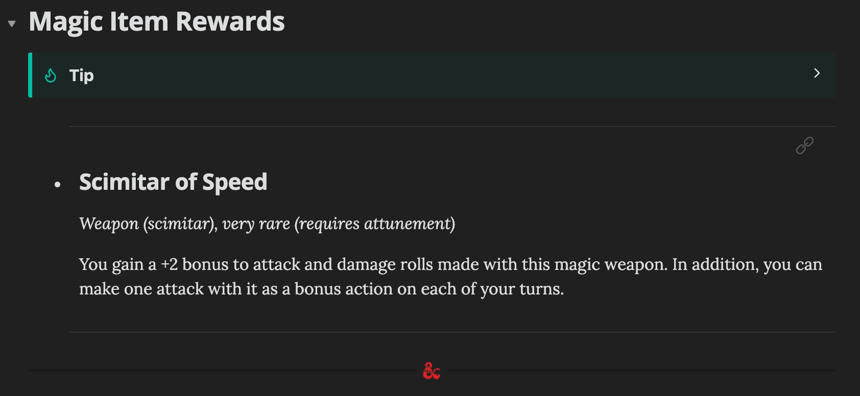A section for magic items with a preview of the Scimitar of Speed note.