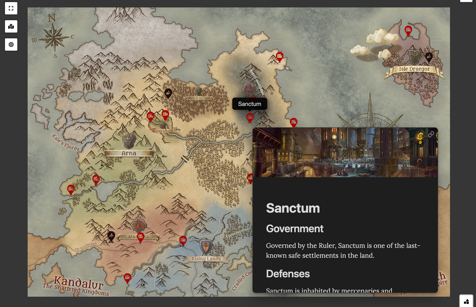 A screenshot of a map in Obsidian with various pins. One pin shows a preview of another note.