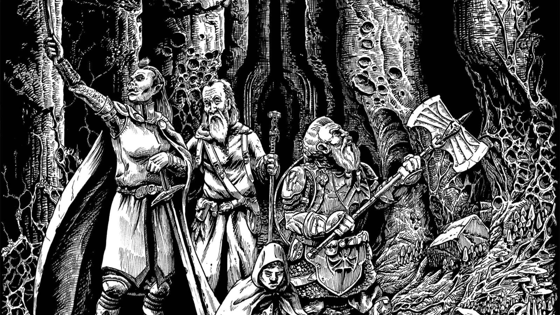 Party of adventurers holding up a torch and looking into the darkness around them.